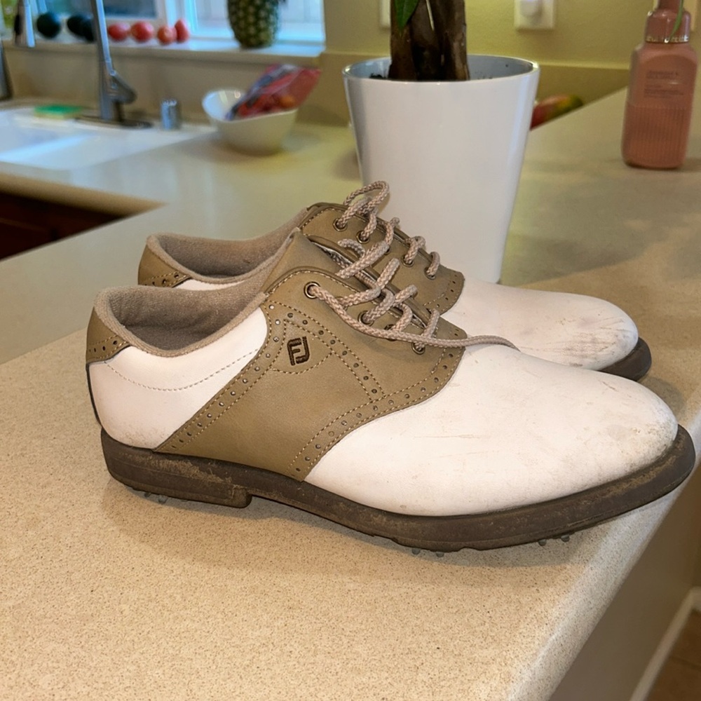 Size 7.5 women’s footjoys greenjoys , golf shoes , white\khaki